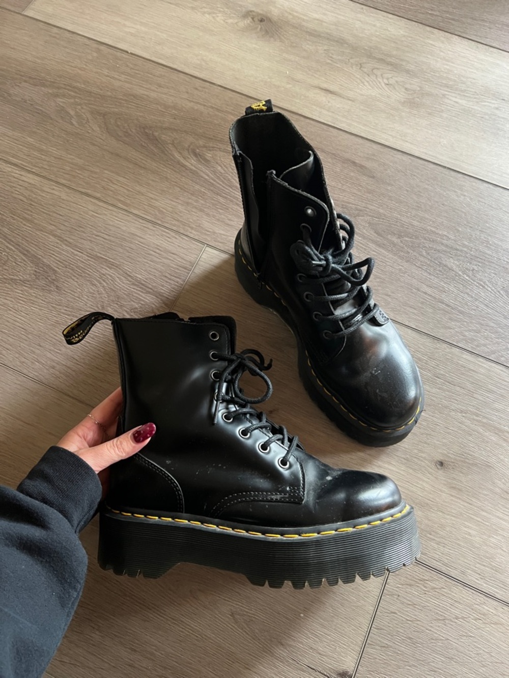 Dr. Martens Black Platform Lace-Up Combat Boots with Yellow Stitching